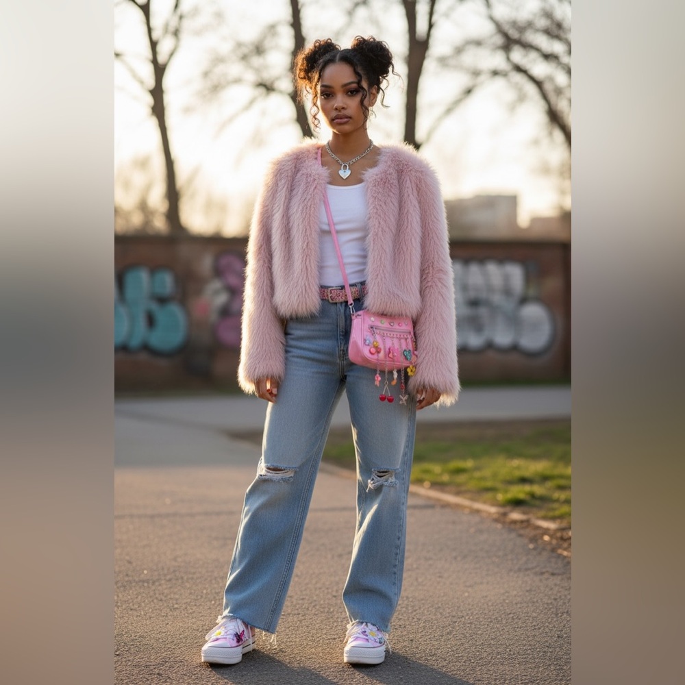 Blush Pink shag Faux Fur Crop Jacket Y2K inspired Style M